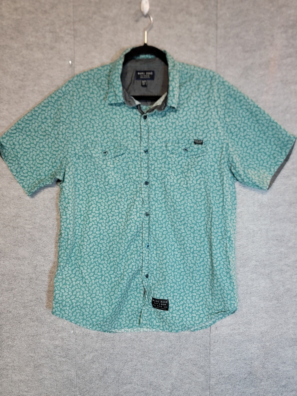 Marc Ecko Cut & Sew Teal Short-Sleeve Button-Down Shirt with Leaf Print